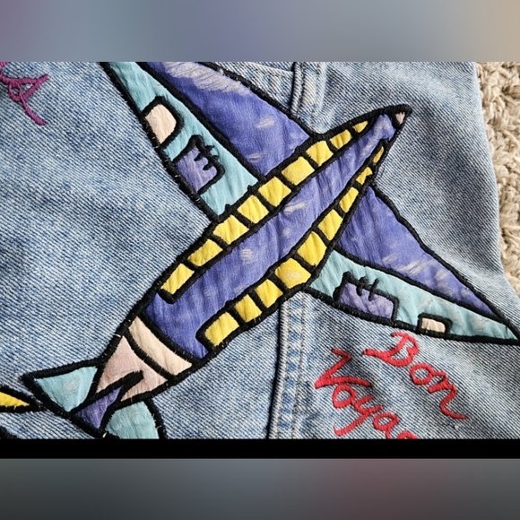 Silkscapes Women's Embroidered Travel The World Blue Jean Jacket Size Small Vtg - Picture 8 of 16